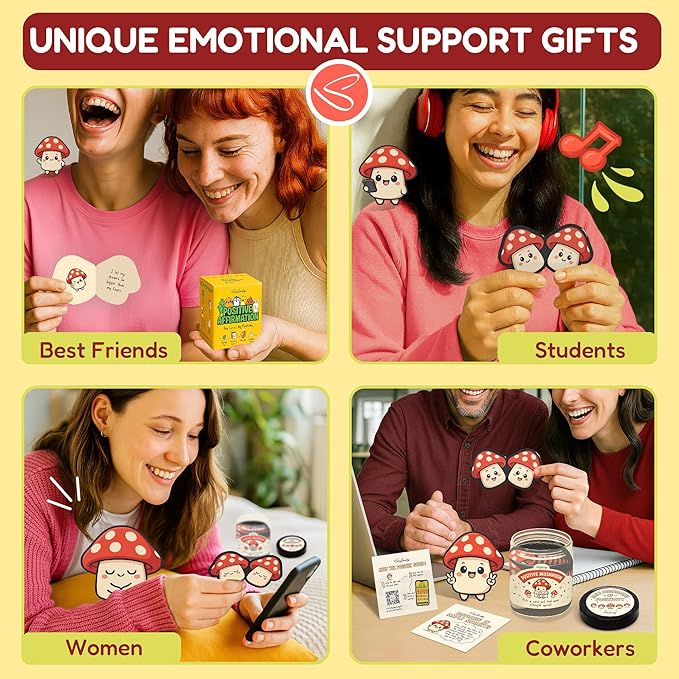 Stofinity Emotional Support Mushroom Gifts For Women - 60 Positive Mushroom Birthday Card, Mothers Day Gifts for Mom, Jar Of Daily Affirmation Cards For Women Desk Accessories
