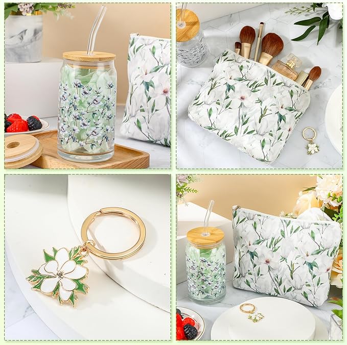 Hushee 3 Pcs Magnolia Theme Gifts For Mother Day Magnolia Makeup Bag and Glass Cup with Lid Straw Keychain Employee Appreciation Gifts for Friend Mom Coworker Staff