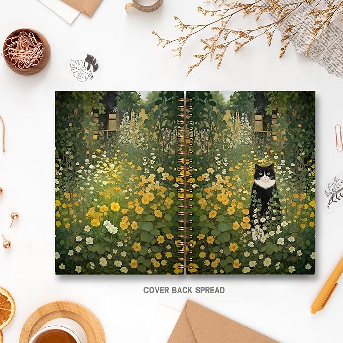 Wildflower Moody Cat Notebook, Retro Cottagecore Botanical Black and White Cat Journal for Writing, Witchy Cats Office Supplies, Spiral Notebook 5.5x8.3 Inch