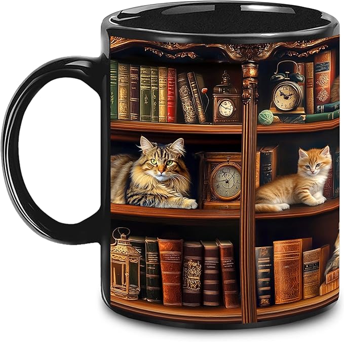 Book Lovers Gift - Bookshelf Gifts - Cat Book Mug - Bookish, Bookworm Gifts - Bookshelf Mug - Book Mug For Women, Reader, Librarian, Write - Birthday Gift Idea For Cat Lover, Owner Cat