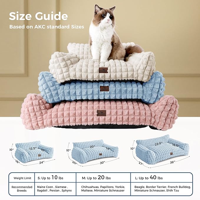 Cute Cat Couch Bed for Indoor Cats - Fluffy Faux Rabbit Fur Pet Sofa with Washable Cover, Fuzzy Pet Couch in Suppportive Small & Large Cats Beds, 24x18 x10 inch, Light Blue