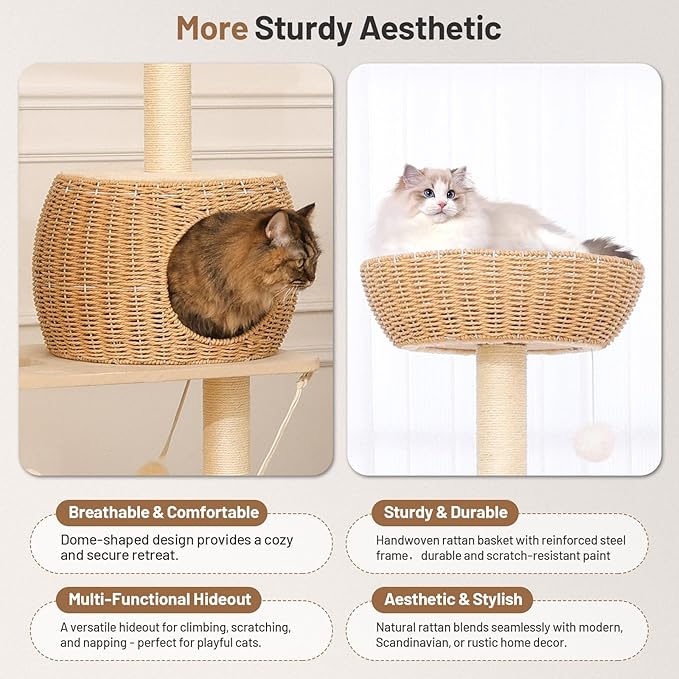 Modern Rattan Cat Tree House Condo Tall Heavy Duty Cat Climbing Tower with Scratching Post,Basket,Bed,and Stand for Indoor Large Cat