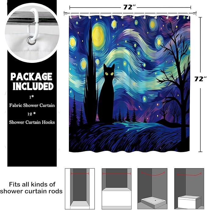 The Starry Night Shower Curtain Wall Decor,Funny Black Cat Shower Curtains for Bathroom,Cats Lovers Gifts,Aesthetic Waterproof Polyester Bath Art Decorative,72x72 in