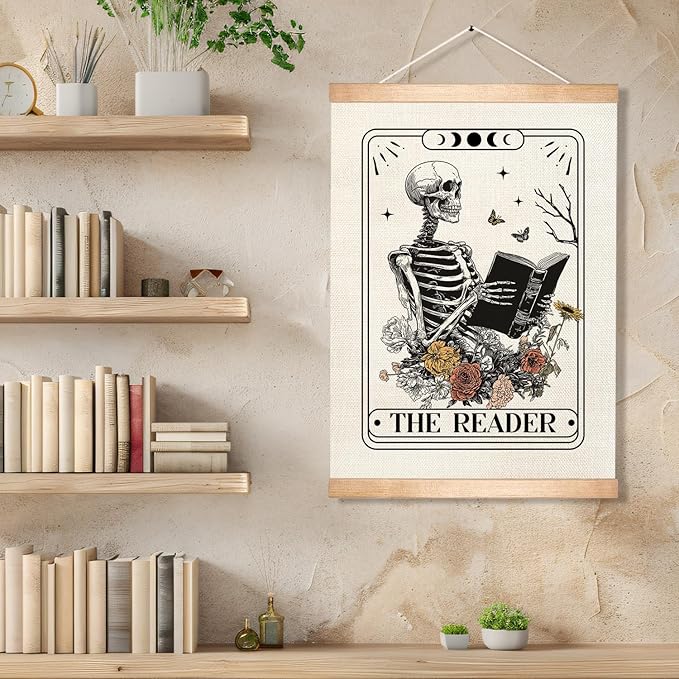 HEYJEEPER The Reader Gothic Skeleton Tarot Card Wall Art Decor, 14x18inch Canvas Wall Hanging Poster wiht Wood Hanger,Reading Wall Decor for Bedroom,or Library (Reader)