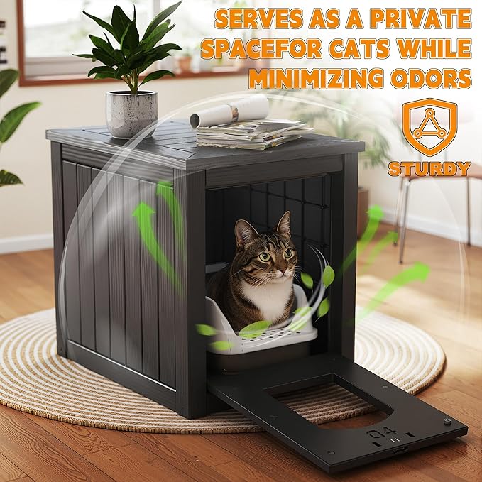 Cat Litter Box Enclosure, Multi-Functional Hidden Cat Litter Box Furniture & Cat Box Enclosure Cabinet with Side Table Design, Openable Front Door & Raised Floor, Easy to Clean & Assemble, Black