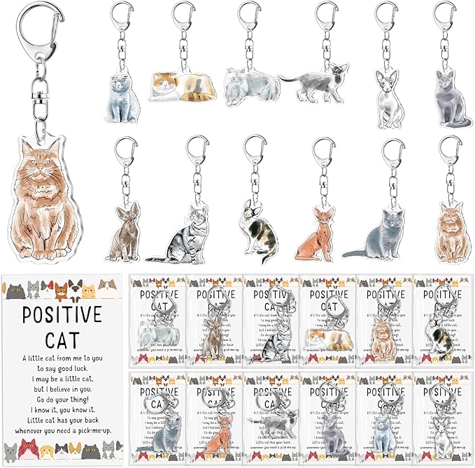 12 Set Cute Cat Keychain with Positive Cards and Bags Cats Animal Keychains Inspirational Gifts for Women Men Coworker Employee Stuff Team