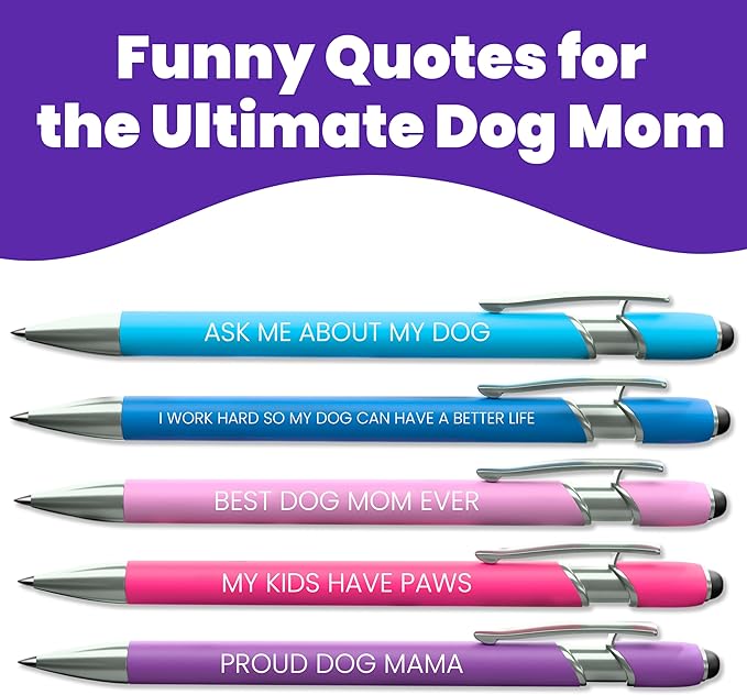 rubyloo Funny Dog Mom & Dog Lover Gift Pen Set – 2 Pack of 5-Pen Sets with Black Ink Stylus Tips & Metal Barrels – Doggy Mom Gift for Women, Friends, Coworkers for Mother's Day or Birthday Present