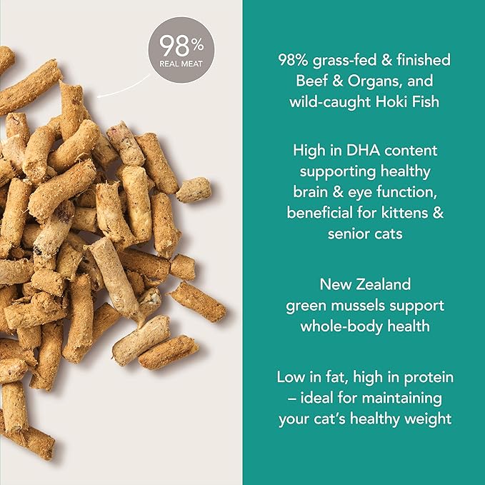 Feline Natural High Protein Dry Cat Food, Freeze-Dried Diet with 98% Meat, Organs & Seafood, No Peas, Grains, or Artificial Additives, Made in New Zealand, Beef & Hoki, 1.8lb