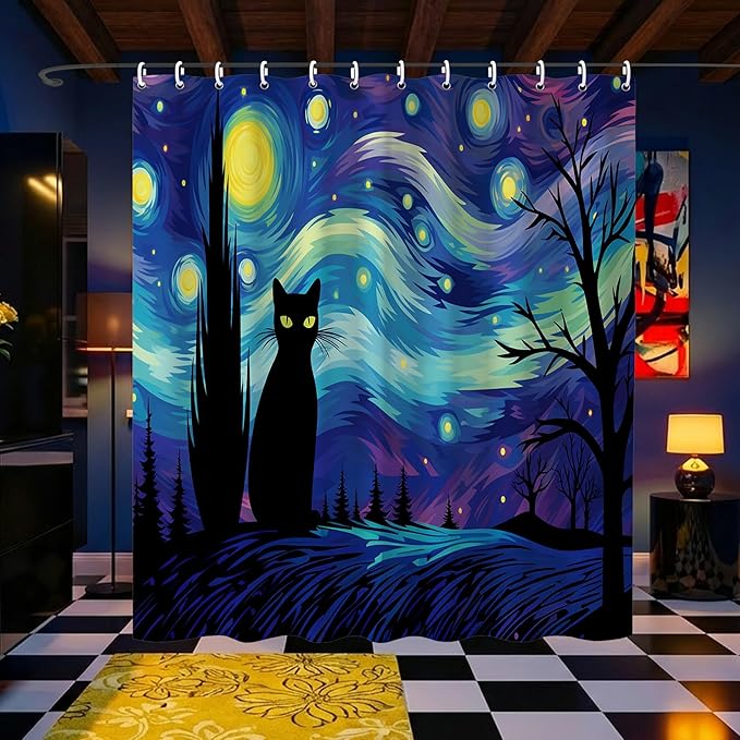 The Starry Night Shower Curtain Wall Decor,Funny Black Cat Shower Curtains for Bathroom,Cats Lovers Gifts,Aesthetic Waterproof Polyester Bath Art Decorative,72x72 in