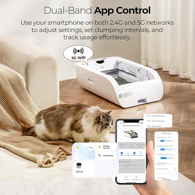 Open-Top Self Cleaning Cat Litter Box Automatic with Smart APP Control, Anti Pinch and Odorless, Whisper Quiet, Free Waste Bag/Litter Mat/Cleaning Brush/Mineral Cat Litter (Cream White)