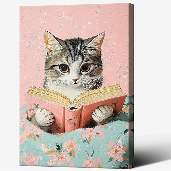 Vintage Cat In Bed Canvas Wall Art Funny Cute Cats Reading Books Poster Retro Pink Girls Room Pet Animal Aesthetic Prints Painting For Home Bedroom Kids Room Dorm Wall Decor 8x12in Framed