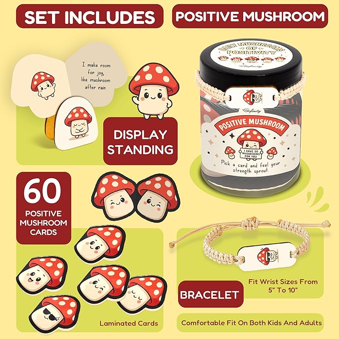 Stofinity Emotional Support Mushroom Gifts For Women - 60 Positive Mushroom Birthday Card, Mothers Day Gifts for Mom, Jar Of Daily Affirmation Cards For Women Desk Accessories