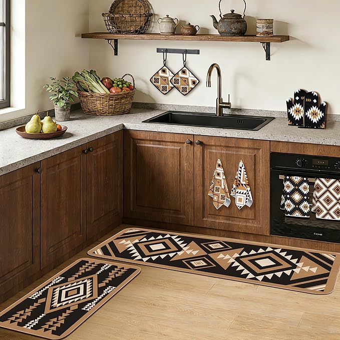 10 Pcs Western Aztec Kitchen Decor and Accessories Set 4 Kitchen Dish Towels 2 Pot Holders 2 Oven Mitts 2 Rugs for Floor Home Decorations Cooking Baking Mom Daughter Gifts Black White Brown