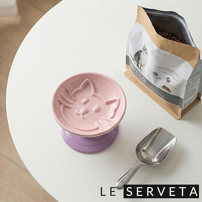 Elevated Twisting Design Cat Food Slow Feeder, Ceramic Raised Cat Dishes with Decorative Twisting Design Stand, Macaron Colors, Slow Feed Design (Pink Purple)