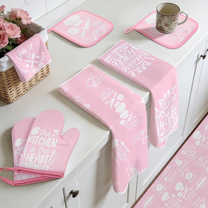 10 Pcs Pink Kitchen Dish Towels Pot Holders Oven Mitts Glove Rustic Rugs Mat Set Cute Farmhouse Kitchen Decor Accessories for Cooking Baking Home Decor Spring Housewarming Mom Gift BBQ