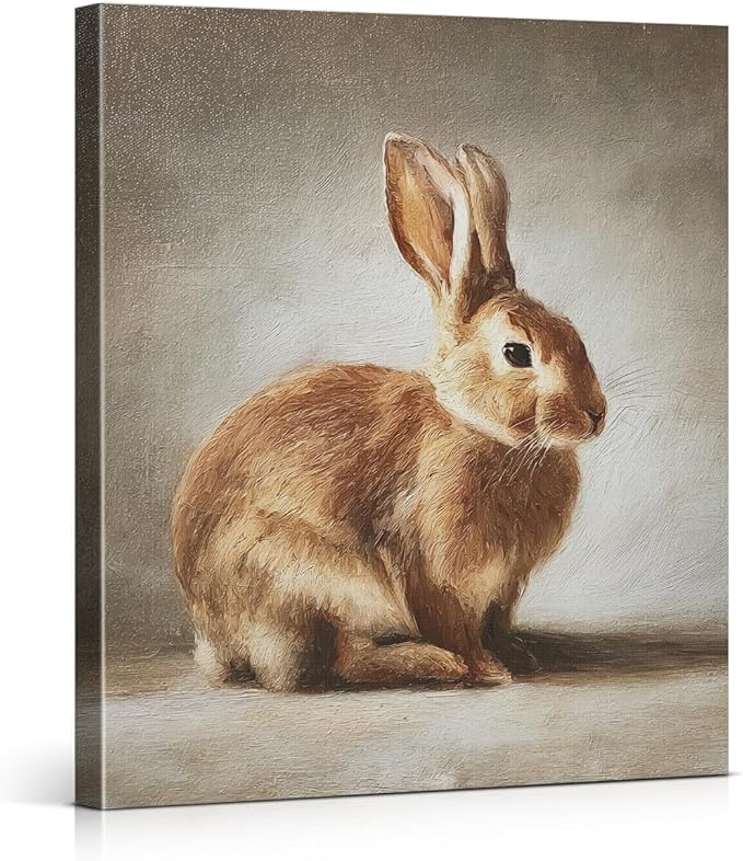 Vintage Rabbit Bunny Wall Art Decor Cute Bunny Print Picture Cottagecore Animal Wall Decor for Home Farmhouse Living Room 8x10 Inch Canvas Framed