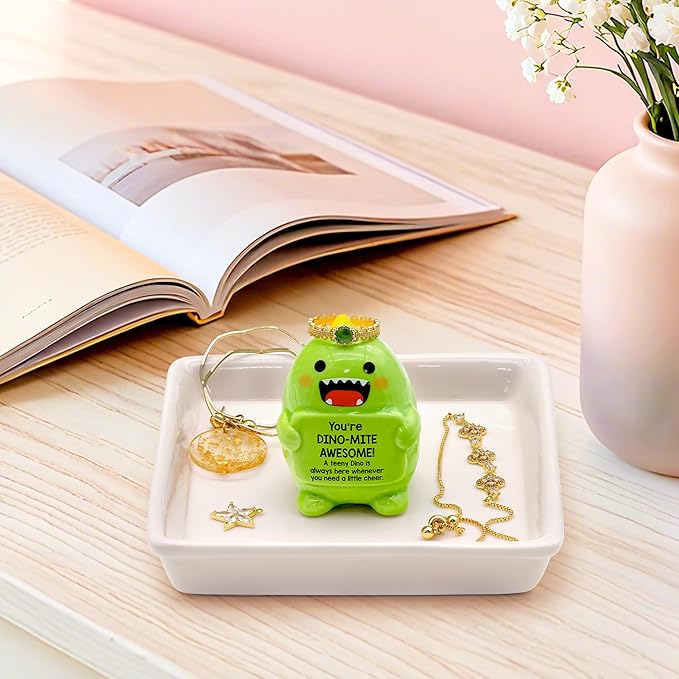 PUDDING CABIN Funny Birthday Gifts for Women Dinosaur Ring Holder Dish for Rings Earrings Necklace Bracelets Jewelry Organizer Cute Room Decor, Mothers Day Gift for Mom Friendship Christams