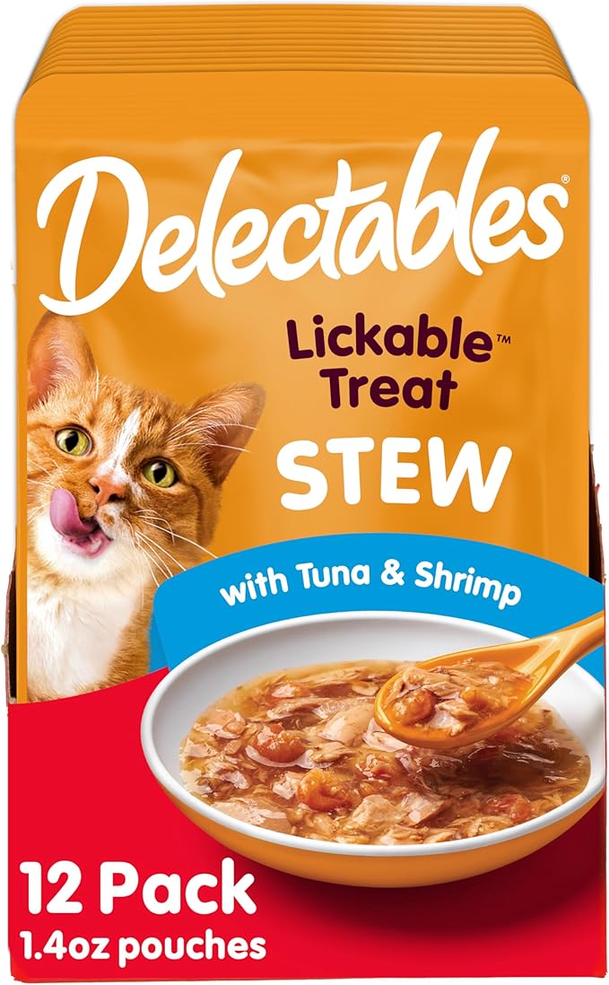 Delectables Lickable Treat Stew Wet Cat Treat with Real Tuna & Shrimp, Food Topper, Hydrating, Grain-Free, No Fillers, No By-Products, No Added Preservatives, 1.4oz Pouch, 12ct