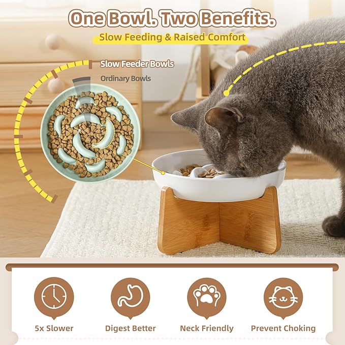 Elevated Slow Feeder Cat Bowl - Melamine Cat Food Plate with Anti-Slip Bamboo Stand - Whisker Friendly Feeding Bowl - Raised Maze Dish for Slow Eating - Pale Blue