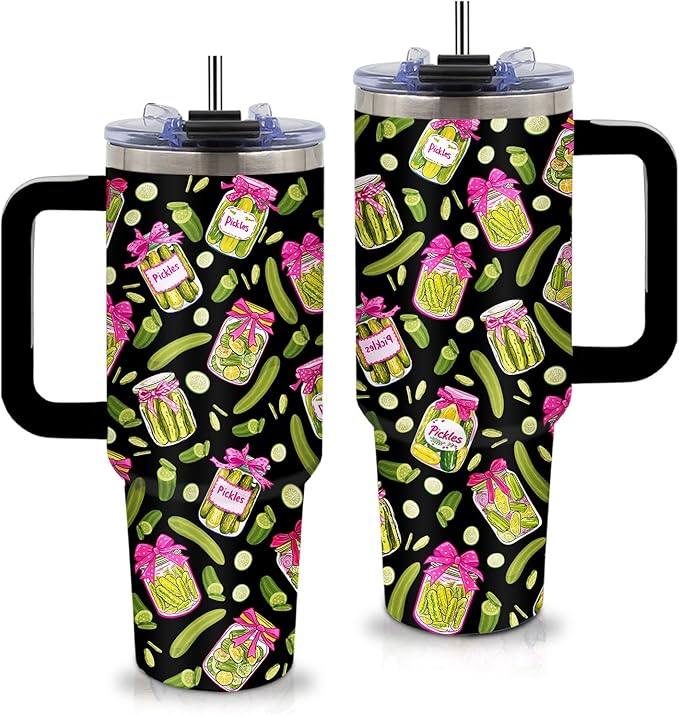 Pickle Gifts - Funny Pickle Themed Tumbler 40oz with Handle and Straws, Leak-proof, Stainless Steel Insulated Travel Coffee Mugs for Pickles Lovers, Pickled Food Enthusiasts Gifts Birthday Cup