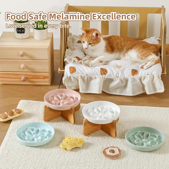 Elevated Slow Feeder Cat Bowl - Melamine Cat Dish with Anti-Slip Bamboo Stand - Whisker Friendly Feeding Bowl - Floral Maze Food Plate for Slow Eating - Green