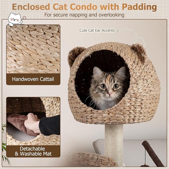 Tangkula Modern Cat Tree Tower, Multi-Level Tall Activity Center with Natural Sisal Scratching Posts, Hammock, Hand-Made Cattail Cute Condo with Funny Toy Balls (Brown)