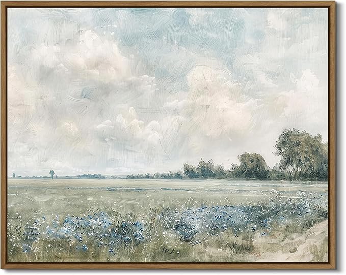 Framed Vintage Landscape Wall Art Vast Grassland Field Canvas Prints Nature Wilderness Scenery Pictures Wall Decor Rustic Wildflower Oil Painting Ready to Hang for Farmhouse Kitchen Decoration, 8"x10"