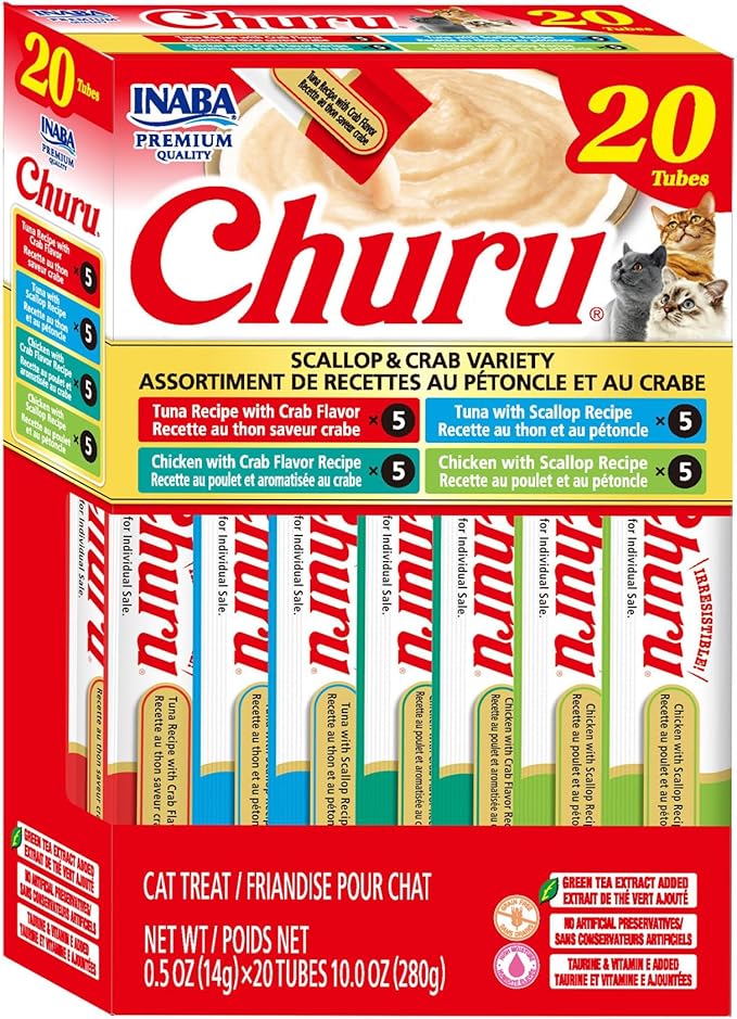 INABA Churu Cat Treats, Lickable, Squeezable Creamy Purée Cat Treat with Green Tea Extract & Taurine, 0.5oz. Each Tube, 20 Tubes, Scallop & Crab Variety