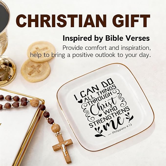 Christian Gifts for Women, Inspirational Religious Gifts for Women, Teenage Girls,Philippians 4:13 Bible Verse Ring Dish, Baptism Confirmation Birthday Mothers Day Chrismas Graduation Gift for Her