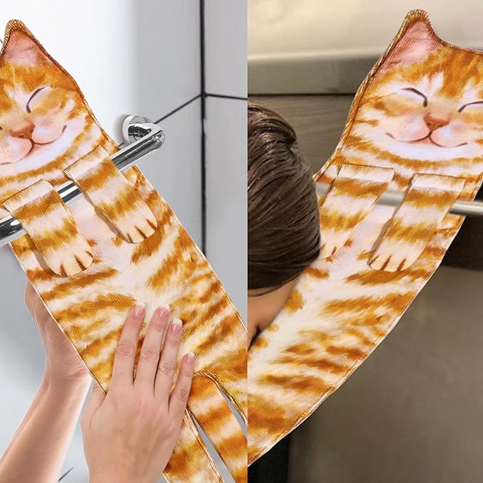 Funny Hand Towels for Bathroom Kitchen Decor - Cute Cat Hanging Hand Towel Kitchen Gadgets - Unique Housewarming Birthday Christmas Cat Lover Gift Ideas for Women Mom Lady Adults