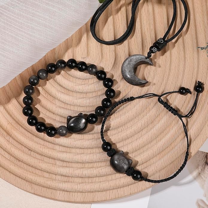 Black Obsidian Cat Bracelet and Moon Pendant Necklace Jewelry Set-Cat Lover Gifts,Wealth Attraction,Good Luck,Bead Bracelet,Mindfulness,Beaded Bracelets, Obsidian Pendant Necklace-Cute Gifts for Women