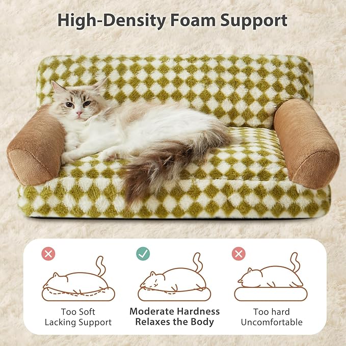 BFPETHOME Cat Couch Bed & Dog Couch Bed, Pet Couch Bed for Small Pet, Cute Dog Sofa Bed, Cat Sofa & Pet Sofa with Non-Slip Bottom, Checkered Dog Bed with Washable Cover (Green&White)