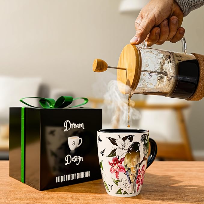 Color Changing Bird Coffee Mug 12oz – Heat Sensitive Ceramic Cup with Floral Reveal – Gifts for Bird Lovers, Unique Coffee Mugs for Women, Christmas Holiday Gift, Perfect for Coffee, Tea or Cocoa