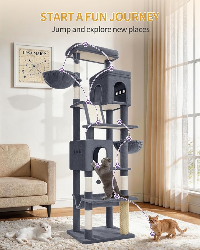 Hzuaneri Large Sturdy Cat Tree Tower, 75 Inch Tall Pet Condo for 7 Large Cats, Cat Tree Indoor Climbing Activity Tower, 2 Large Platform/2 Cave/2 Hanging Basket/5 Scratching Post, Dark Grey MS19018SG