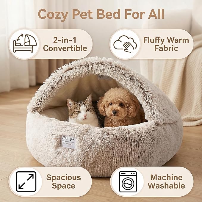 Hooded Dog Bed, Cat Cave Bed with Removable Hood, 2-in-1 Convertible Donut Cat Bed, All Season Fluffy Pet Bed for Cats Small Dogs (Cave Bed - Coffee Color, Large Size 23.6 in)