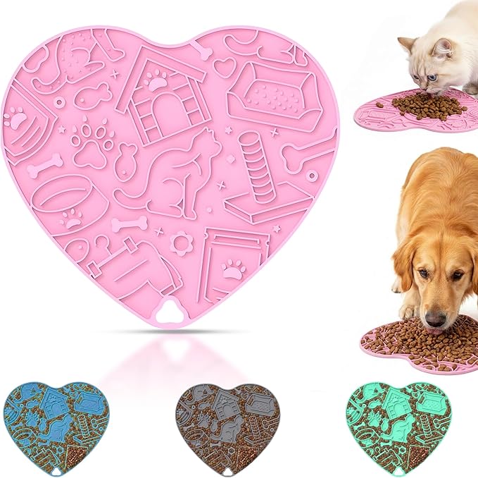 Silicone Slow Feeder Dog & Cat Bowl with Suction Cups – Non-Slip Fun Pattern for Dogs and Cats, Interactive Pet Enrichment Bowl, Treat Eating Feeder, Heart-Shaped Mat Compatible (Cherry Blossom Pink)