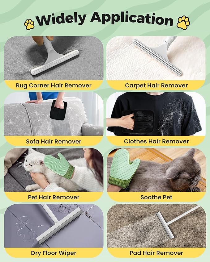 Carpet Rake for Pet Hair Removal Tool - 4 in 1 Pet Hair Remover Kit for Dog Cat Fur Remover, Contain 60" Adjustable Rubber Broom, Glove, Magic Brush and Scraper for Home Furniture, Rugs (Light Grey)
