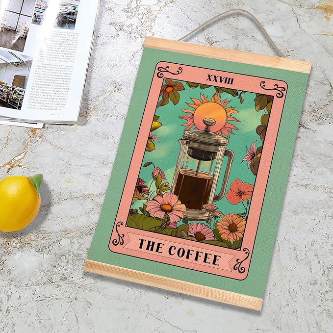 HEYJEEPER The Coffee Wall Art,Vintage Tarot Card Linen Print Posters,Green Floral Boho Kitchen Wall Hanging Decor for Cafe Bar,Dining Room, Barista Station, Gift for Coffee Lovers 14x18inch (Coffee02)