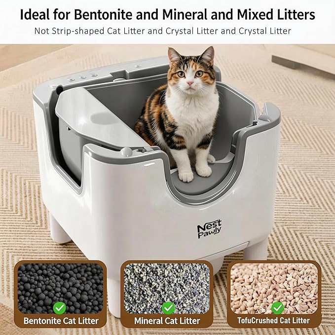 Early Bird Price NestPawly M07 Self-Cleaning Litter Box - Open-Top Automatic Cat Litter Box with Odor Control, Safety Features, and Easy Maintenance