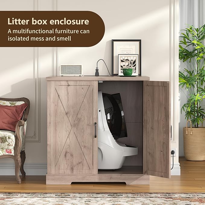 Hey-brother Enclosure for Self Cleaning Cat Litter Box, Large Hidden Litter Box Furniture with Charging Station, Suitable for Automatic Cats Litter Boxes and Robot, Vintage, Rustic Gray JCLB004SG
