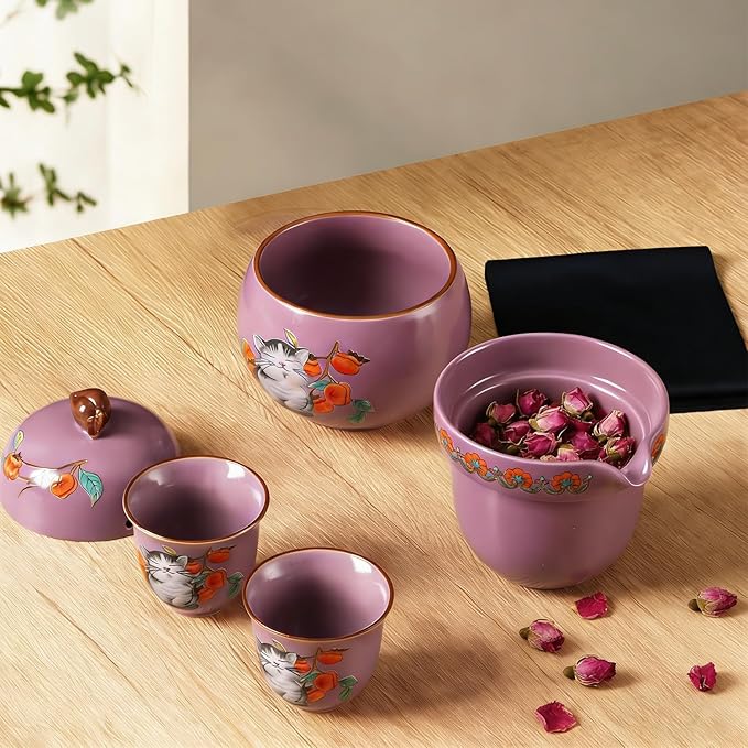 Mini Tea Cups,Cute Lucky Cat Cups,Small Tea Mugs,Porcelain Gongfu Tea set with 3 in 1,Tea Sets for Adults,Ceramic Tea Infuser Cup for Loose Leaf for Women/Tea Lovers/Birthday/Mother's Day (Purple)