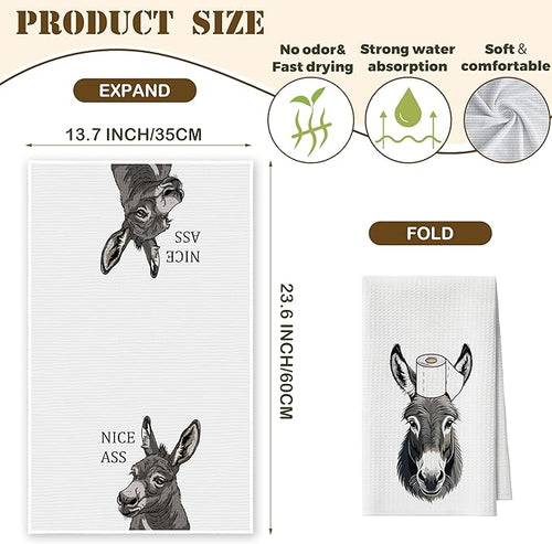 Bath Towels Set of 2, Cute Funny Donkey Dish Towel for Bathroom Spa Kitchen, Nice Ass Decorative Hand Towels, Fast Drying Tea Towel, Farmhouse Housewarming Xmas Gifts for Women Mom -B25
