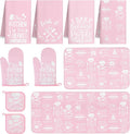 10 Pcs Pink Kitchen Dish Towels Pot Holders Oven Mitts Glove Rustic Rugs Mat Set Cute Farmhouse Kitchen Decor Accessories for Cooking Baking Home Decor Spring Housewarming Mom Gift BBQ