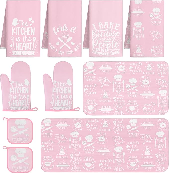 10 Pcs Pink Kitchen Dish Towels Pot Holders Oven Mitts Glove Rustic Rugs Mat Set Cute Farmhouse Kitchen Decor Accessories for Cooking Baking Home Decor Spring Housewarming Mom Gift BBQ
