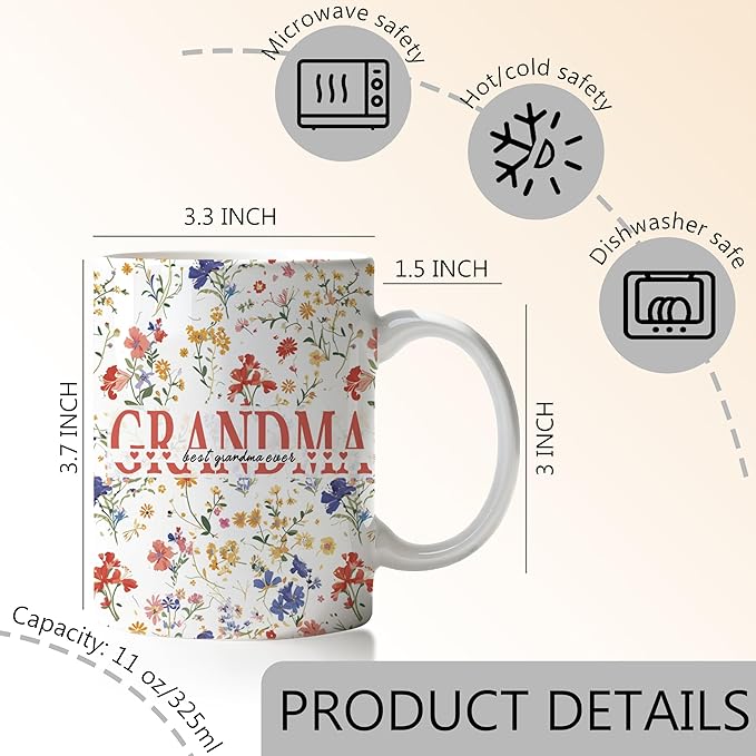 Best Grandma Ever Mug, Grandma Gifts from Grandkids Coffee Cup, Grandmother Gifts for Birthday Christmas Mother's Day, Wildflower Grandmother Ceramic Coffee Mug 11 oz