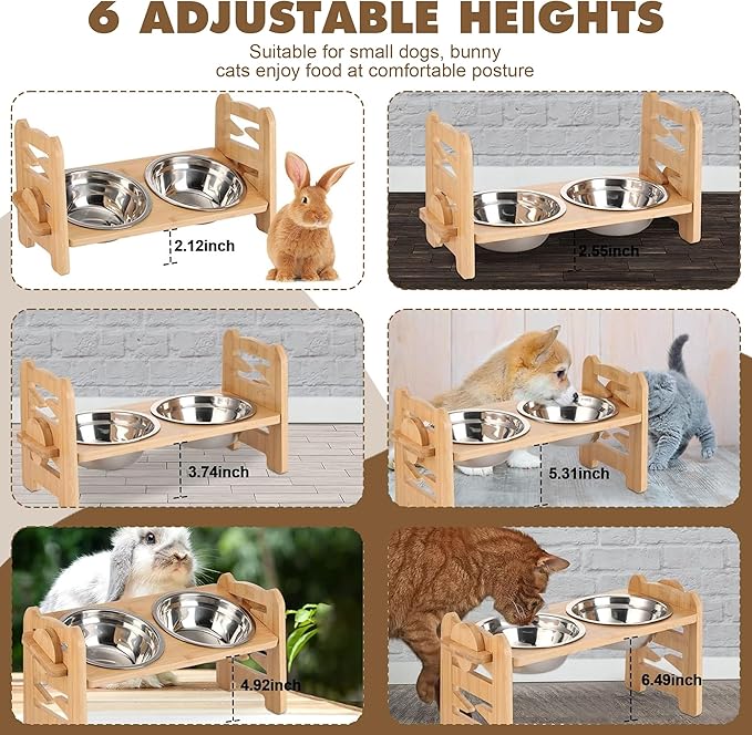 Adjustable Elevated Raised Feeder – Non-Slip Bamboo Stand with 2 Stainless Steel Bowls & 1 Slow Feeder for Small to Medium Size Dogs