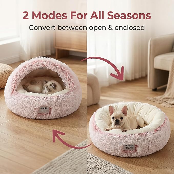 Hooded Dog Bed, Cat Cave Bed with Removable Hood, 2-in-1 Convertible Donut Cat Bed, All Season Fluffy Pet Bed for Cats Small Dogs (Cave Bed - Pink, Medium 19.7 Inches)