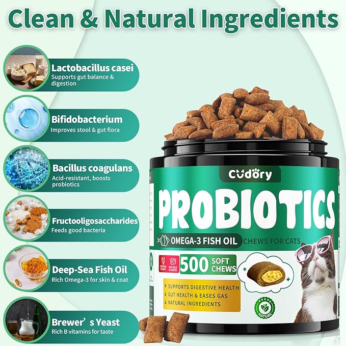 Cat Probiotics Treats for Digestive & Gut Support - 500 Crunchy & Creamy Cat Snacks - Cat Gut Health, Constipation Relief, Healthy Stool, Natural Supplement for Cats, Chicken Flavor (90-Day Supply)