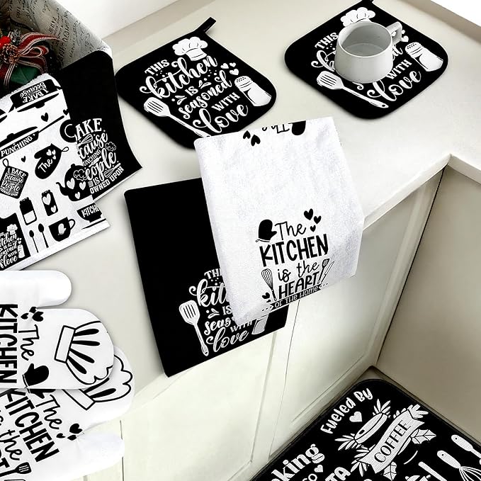 10 PCS Farmhouse Kitchen Decor Sets 4 Black White Kitchen Dish Towels 2 Oven Mitts 2 Pot Holders 2 Rugs Mats Rustic Decorations Accessories for Cooking Baking Bathroom Home Housewarming Camp Mom Gift