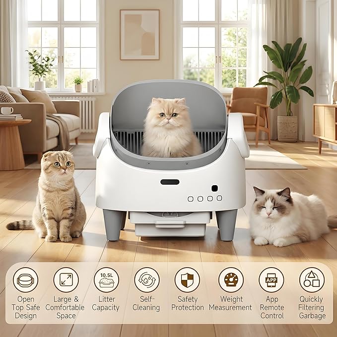 Self Cleaning Litter Box, Open Top Automatic Cat Litter Box with App Control for Multiple Cats, Electric Cat Litters Box Adjustable Entrance Height, Multi-Sensor Safety Protection, 1 Roll Garbage Bags